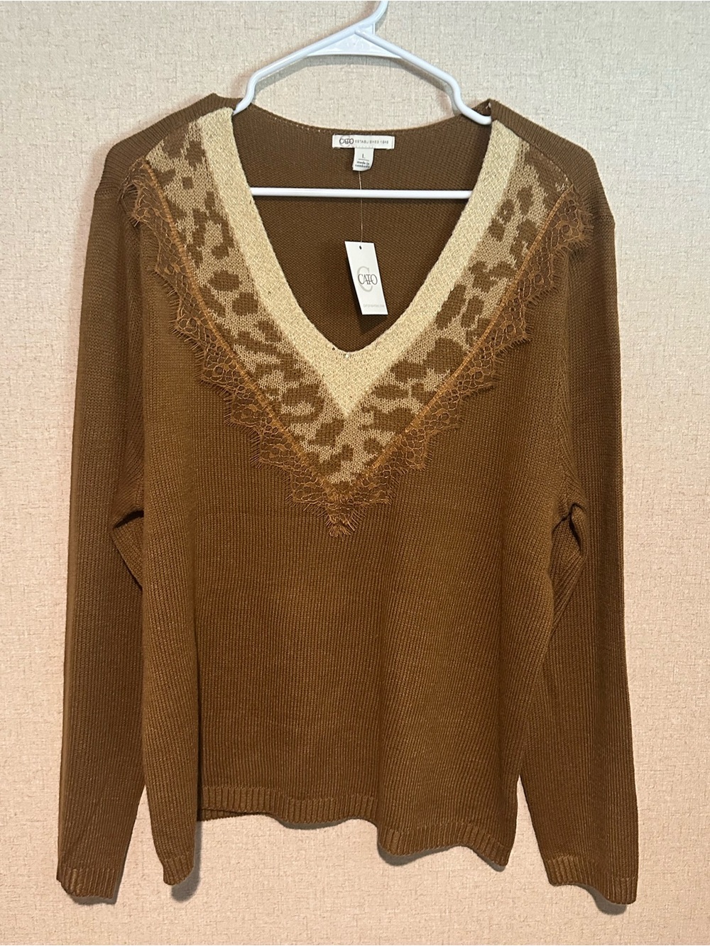 Cato Women’s Large Brown Leopard V-Neck Laced Trim Sweater